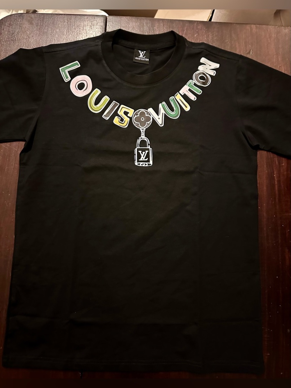 Louis Vuitton Black Short Sleeve Tee with Multicolor Logo Necklace Graphic